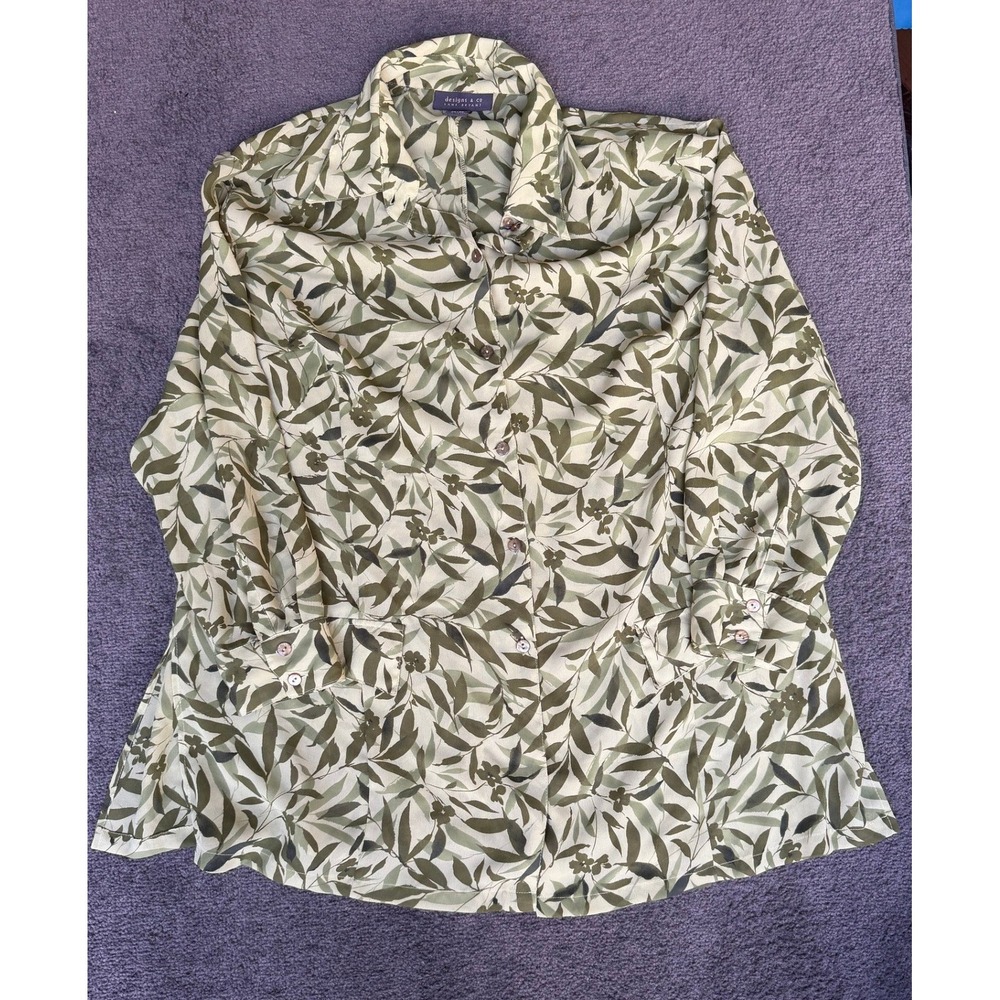 Lane Bryant Designs & Co Olive Green Leaf Print Button Down Blouse Size 26/28